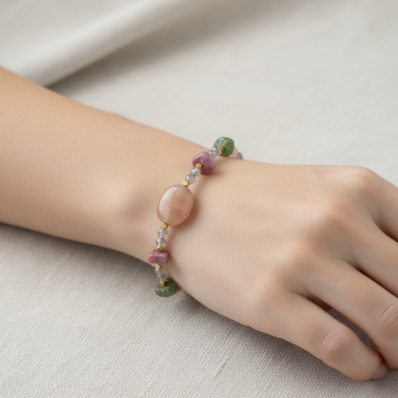 Labradorit, Renkli Turmalin, Güneş Taşı & Pembe Opal Doğal Taş Bileklik – Özel Tasarım - Görsel 1 - Safnaturel