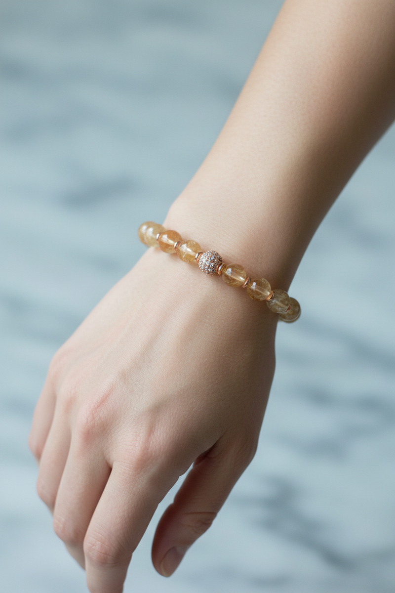 Sitrin ve Hematit Doğal Taş Bileklik – Zirkon Aparatlı, 8 mm Unisex Tasarım - Görsel 2 - Safnaturel