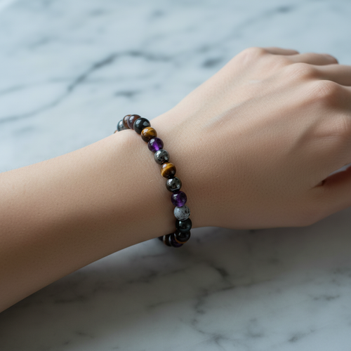 Kova Burcu Doğal Taş Bileklik – Ametist, Golden Obsidyen, İspanyol Varisit & Kaplan Gözü