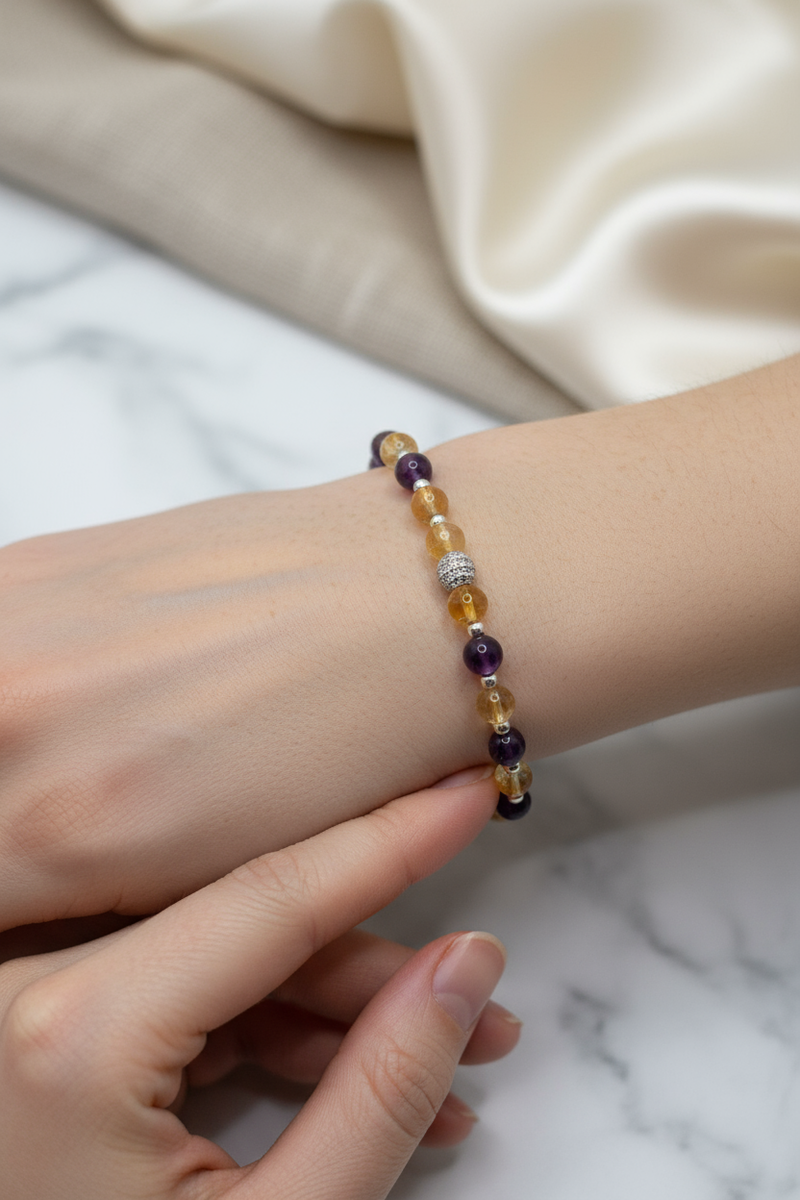 Ametist, Sitrin ve Gri Hematit Doğal Taş Bileklik – 6 mm Zirkon Aparatlı Misinalı, Unisex Tasarım - Görsel 2 - Safnaturel
