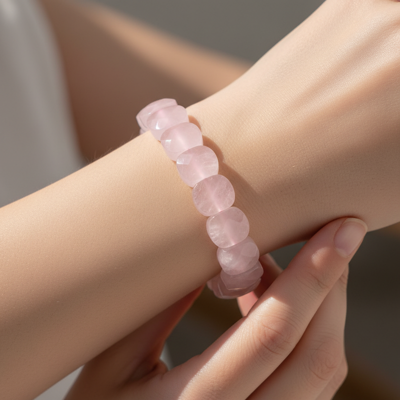 Pembe Kuvars Geniş Kesim Doğal Taş Bileklik - Görsel 2 - Safnaturel