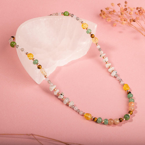 Yeşim-Kaplan Gözü-Hematit-Güneş Taşı-Aventurin-Sitrin-Kehribar-Labradorit-Ay Taşı-Pembe Kuvars Doğal Taş Kolye