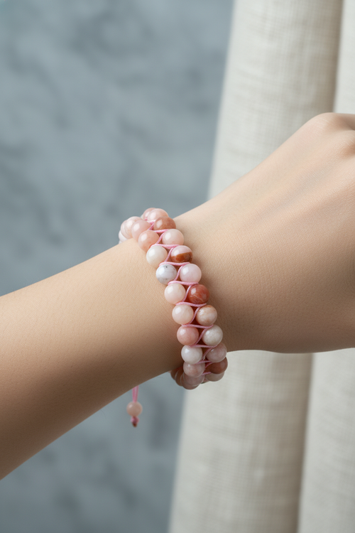 Opal Pembe 8mm Çift Sıra Makrome Doğal Taş Bileklik - Görsel 2 - Safnaturel