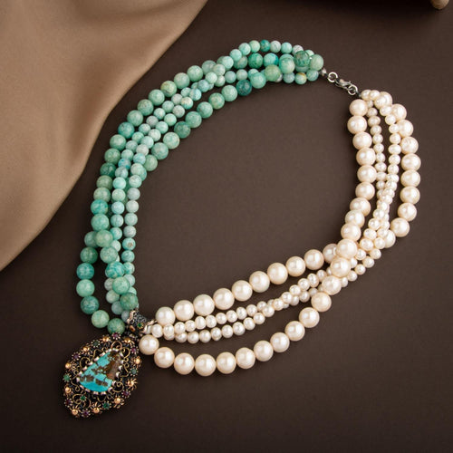 İnci-Amazonit Doğal Taş El İşlemesi Koleksiyon Turkuaz Kolye - 45cm