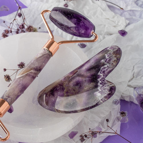 Ametist Taşı Masaj Takımı - Roller ve Gua Sha Kalpli Set