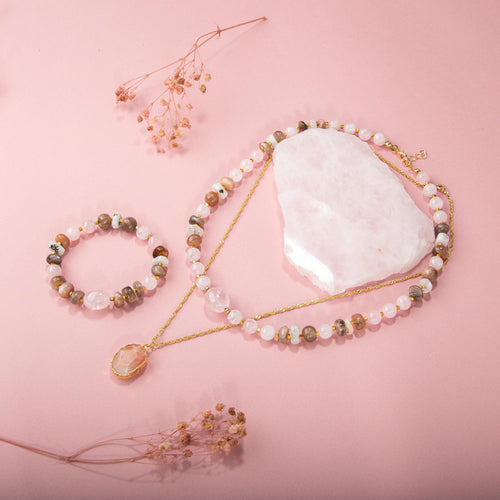 Güneş Taşı-Pembe Kuvars-Ay Taşı Doğal Taş Gümüş Kolye Bileklik Seti- 54cm