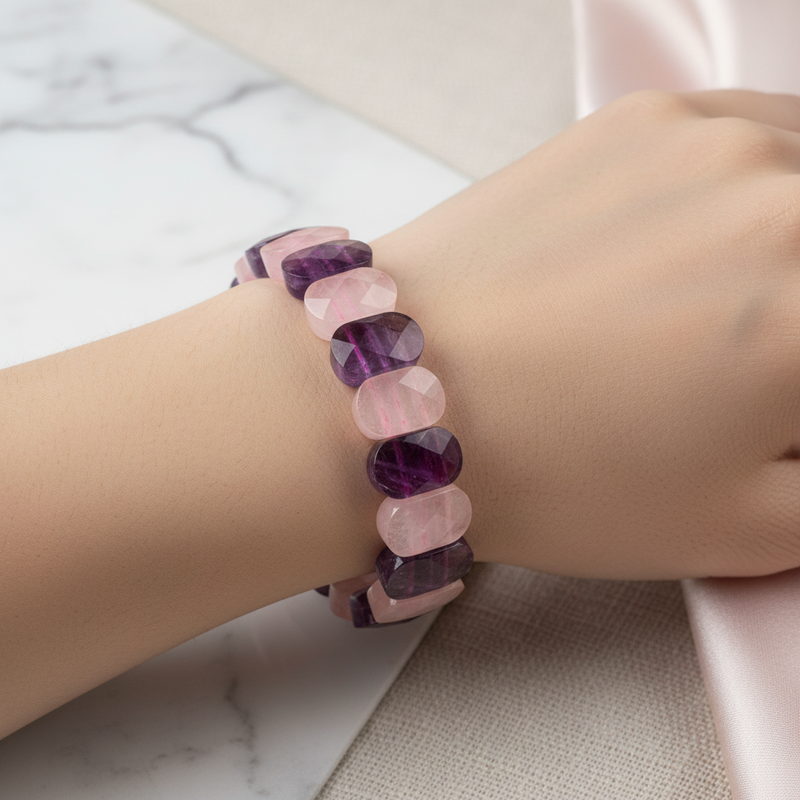 Ametist – Pembe Kuvars Doğal Taş Geniş Kesim Bileklik – El İşçiliği - Görsel 2 - Safnaturel