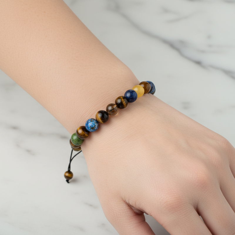 Öğrenci Doğal Taş Bileklik – Karlı Obsidyen, Lapis Lazuli, Kaplan Gözü, Dumanlı Kuvars, Sodalit, Kalsit & Yeşim – Özel Tasarım - Görsel 1 - Safnaturel