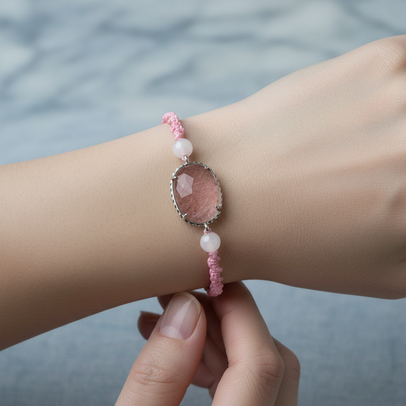 Çilek Kuvars – Pembe Kuvars Doğal Taş Makrome Bileklik – Özel Tasarım - Görsel 1 - Safnaturel