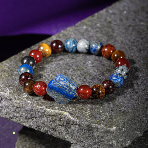 Oğlak Burcu Bileklik Bordo Granat Lal, Kaplan Gözü, Karlı Obsidyen, Kırmızı Akik, Lapis Lazuli