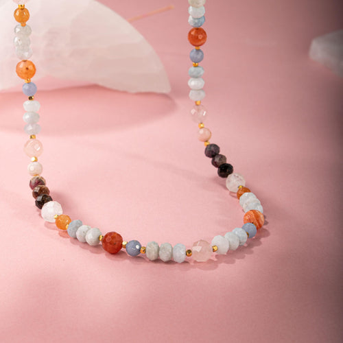 Anjelit-Morganit-Pembe Kuvars-Renkli Turmalin-Ay Taşı-Turuncu Aventurin-Akuamarin-Madagaskar Akik Doğal Taş Kolye