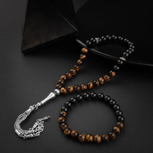 Kaplan Gözü-Obsidyen Doğal Taş Tesbih Bileklik Seti