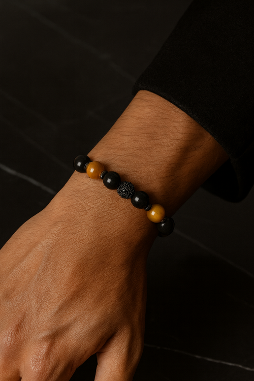 Obsidyen, Kaplan Gözü ve Hematit Doğal Taş Makrome Bileklik – Zirkon Aparatlı, Ayarlanabilir Tasarım