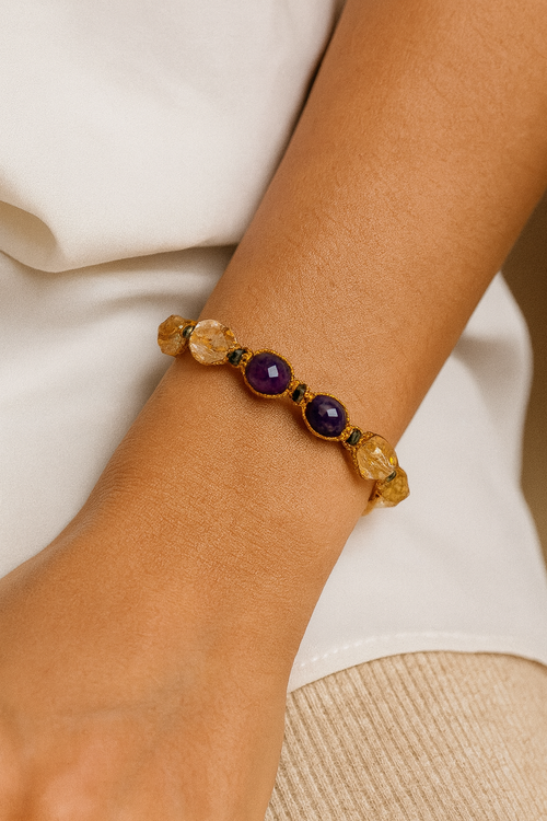 Sitrin, Ametist Fasetli Doğal Taş Makrome Bileklik