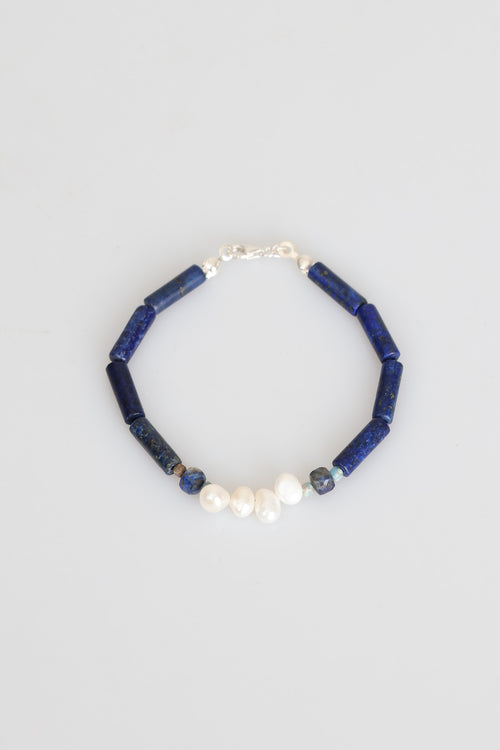 Sertifikalı Lapis Lazuli  - İnci  Doğal Taş Gümüş Kapama Bileklik (Yeni Yaz Sezonu)