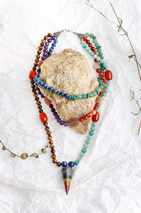 Etiyopya, Akik-Ametist-Lapis-Kaplangözü-Aventurin-Amazonit Doğal Taş Kolye - Görsel 2 - Safnaturel