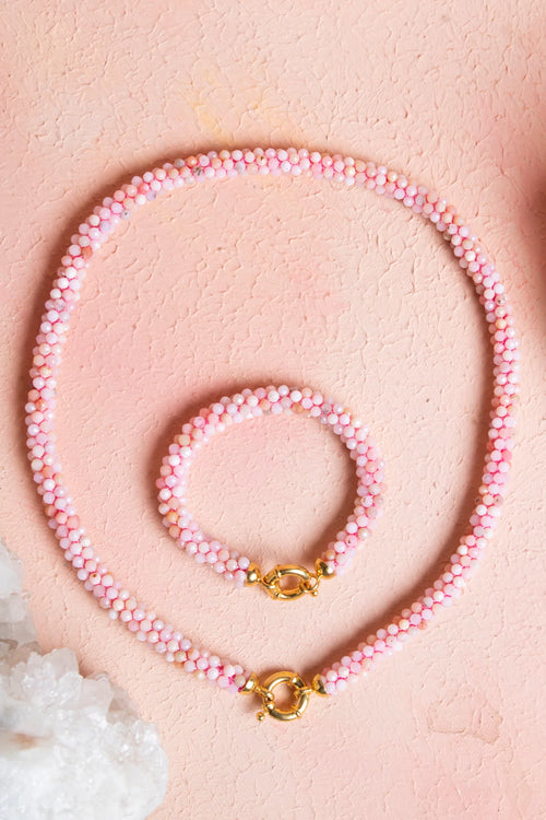 Sertifikalı El İşçiliği Örme Pembe Opal Gümüş Kapama Set – Kolye 48 cm, Bileklik 19 cm