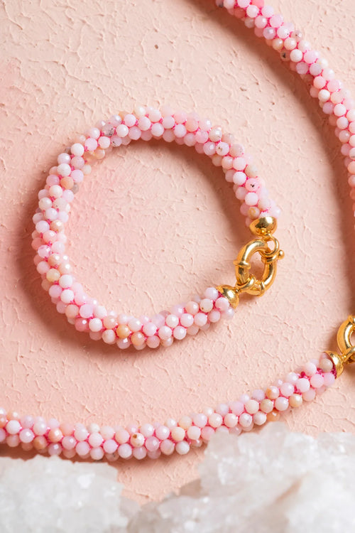 Sertifikalı El İşçiliği Örme Pembe Opal Gümüş Kapama Set – Kolye 48 cm, Bileklik 19 cm