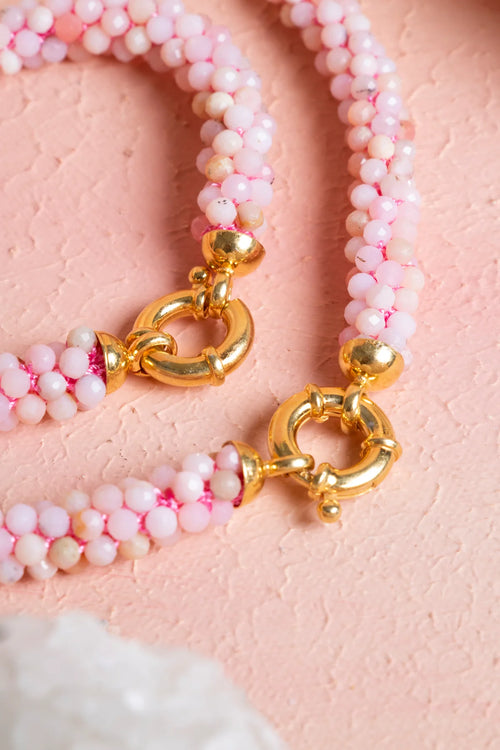 Sertifikalı El İşçiliği Örme Pembe Opal Gümüş Kapama Set – Kolye 48 cm, Bileklik 19 cm