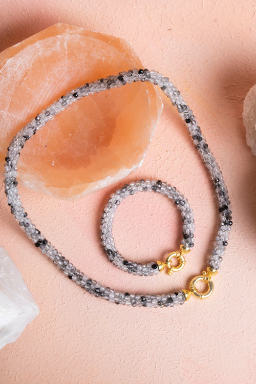 Sertifikalı El İşçiliği Örme Rutilli Kuvars Gümüş Kapama Set – Kolye 48 cm, Bileklik 19 cm