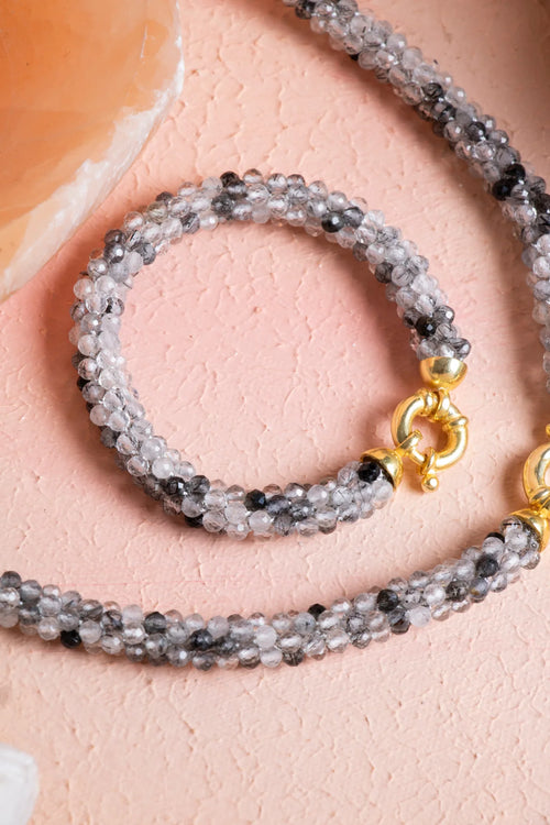 Sertifikalı El İşçiliği Örme Rutilli Kuvars Gümüş Kapama Set – Kolye 48 cm, Bileklik 19 cm