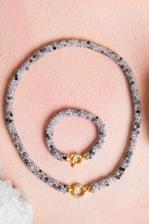 Sertifikalı El İşçiliği Örme Rutilli Kuvars Gümüş Kapama Set – Kolye 48 cm, Bileklik 19 cm