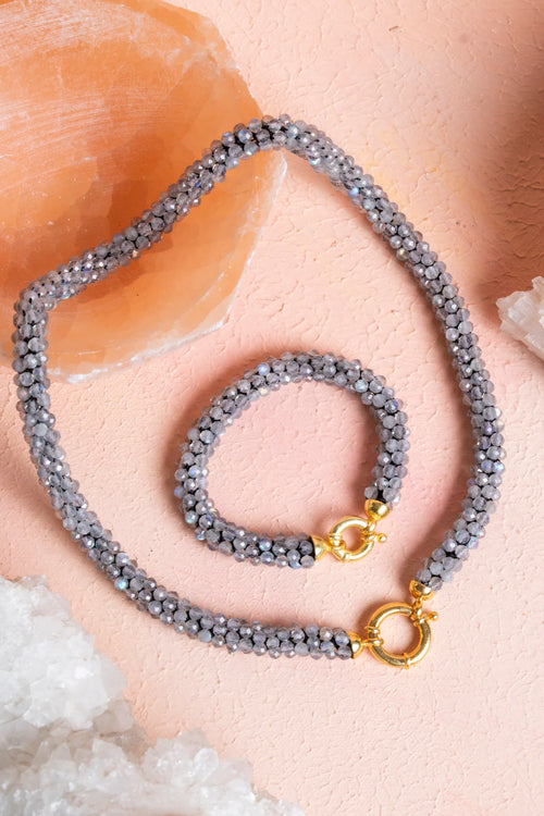 Sertifikalı El İşçiliği Örme Labradorit Gümüş Kapama Set – Kolye 48 cm, Bileklik 19 cm