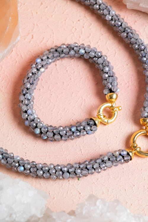 Sertifikalı El İşçiliği Örme Labradorit Gümüş Kapama Set – Kolye 48 cm, Bileklik 19 cm