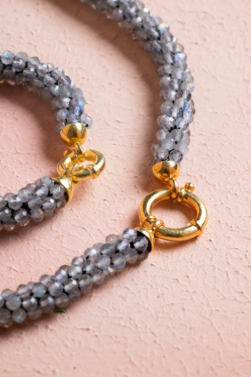 Sertifikalı El İşçiliği Örme Labradorit Gümüş Kapama Set – Kolye 48 cm, Bileklik 19 cm