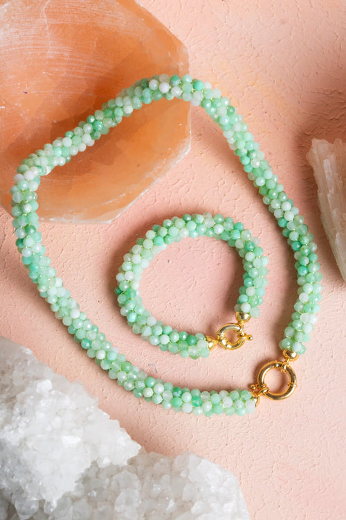 Sertifikalı El İşçiliği Örme Krizopras Gümüş Kapama Set – Kolye 48 cm, Bileklik 19 cm