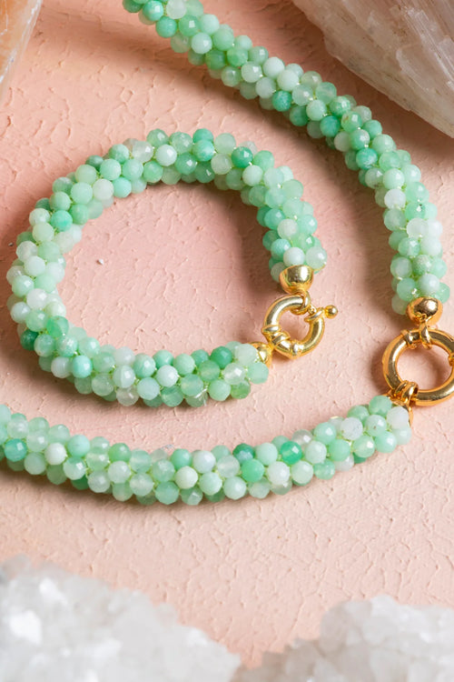 Sertifikalı El İşçiliği Örme Krizopras Gümüş Kapama Set – Kolye 48 cm, Bileklik 19 cm