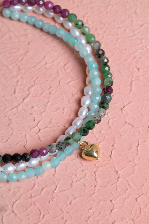 İnci - Akuamarin - Anyolit Doğaltaş 925 Ayar Gümüş Bileklik