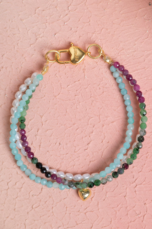 İnci - Akuamarin - Anyolit Doğaltaş 925 Ayar Gümüş Bileklik