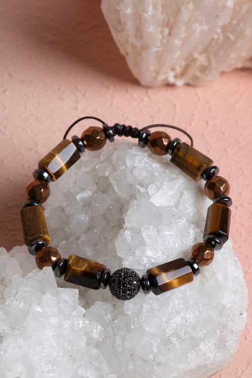 Kaplan Gözü - Hematit Doğaltaş Makrome Bileklik