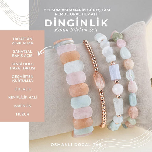Helkum – Akuamarin – Güneş Taşı – Pembe Opal Doğaltaş Kadın Bileklik Seti - Görsel 2 - Safnaturel
