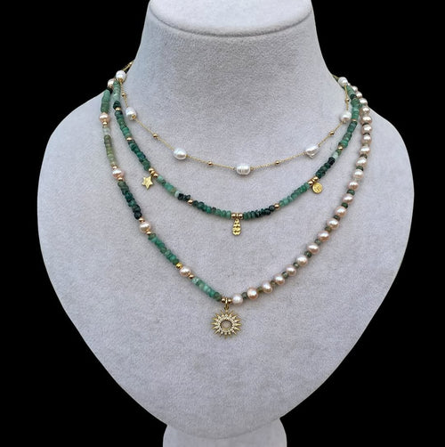 İnci – Zümrüt Doğaltaş 925 Ayar Gümüş Kolye Seti 3’lü Kolye