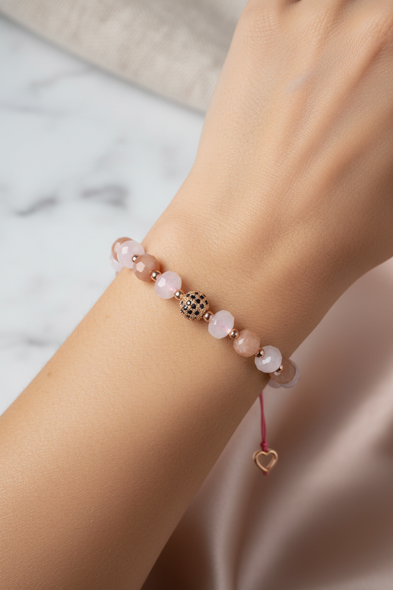 Güneş Taşı ve Pembe Kuvars Doğal Taş Bileklik – Unisex Şık Tasarım - Görsel 1 - Safnaturel