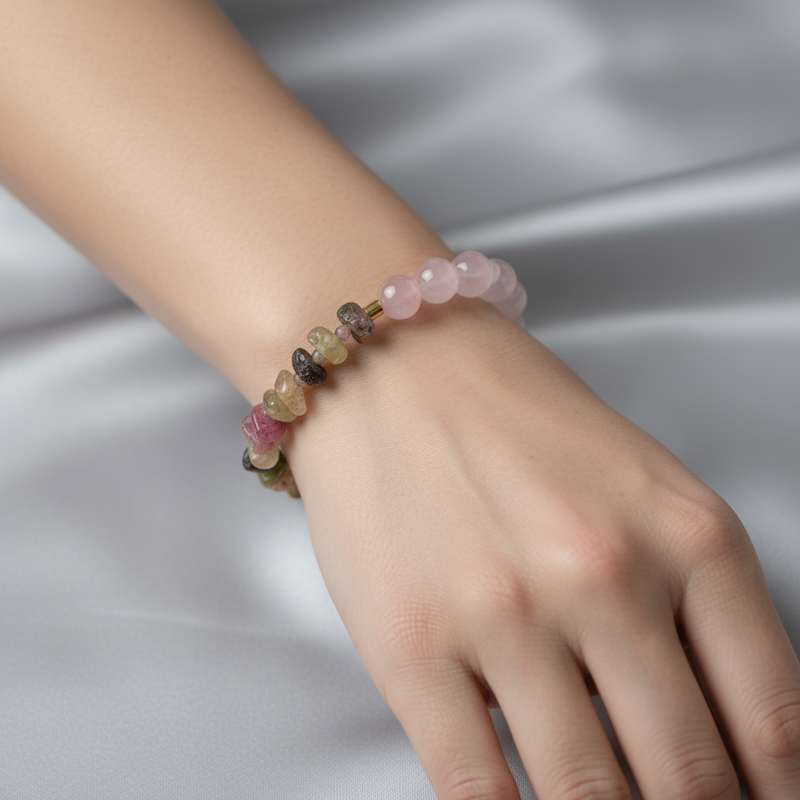 Renkli Turmalin & Pembe Kuvars Doğal Taş Bileklik – Özel Tasarım - Görsel 1 - Safnaturel
