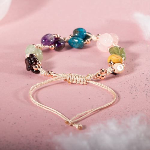 Başak Burcu Bileklik Ametist, Bordo Granat Lal, Jasper, Mavi Apatit, Pembe Kuvars, Yeşil Aventurin, Zebercet (Peridot)