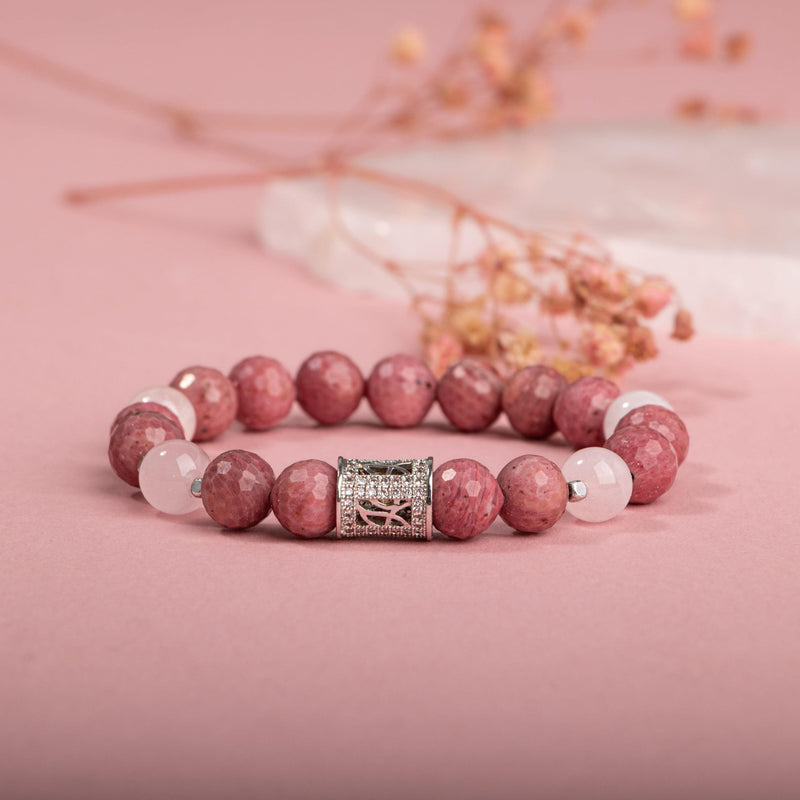 Rodonit-Pembe Kuvars Zirkon Aparat Gümüş Bileklik