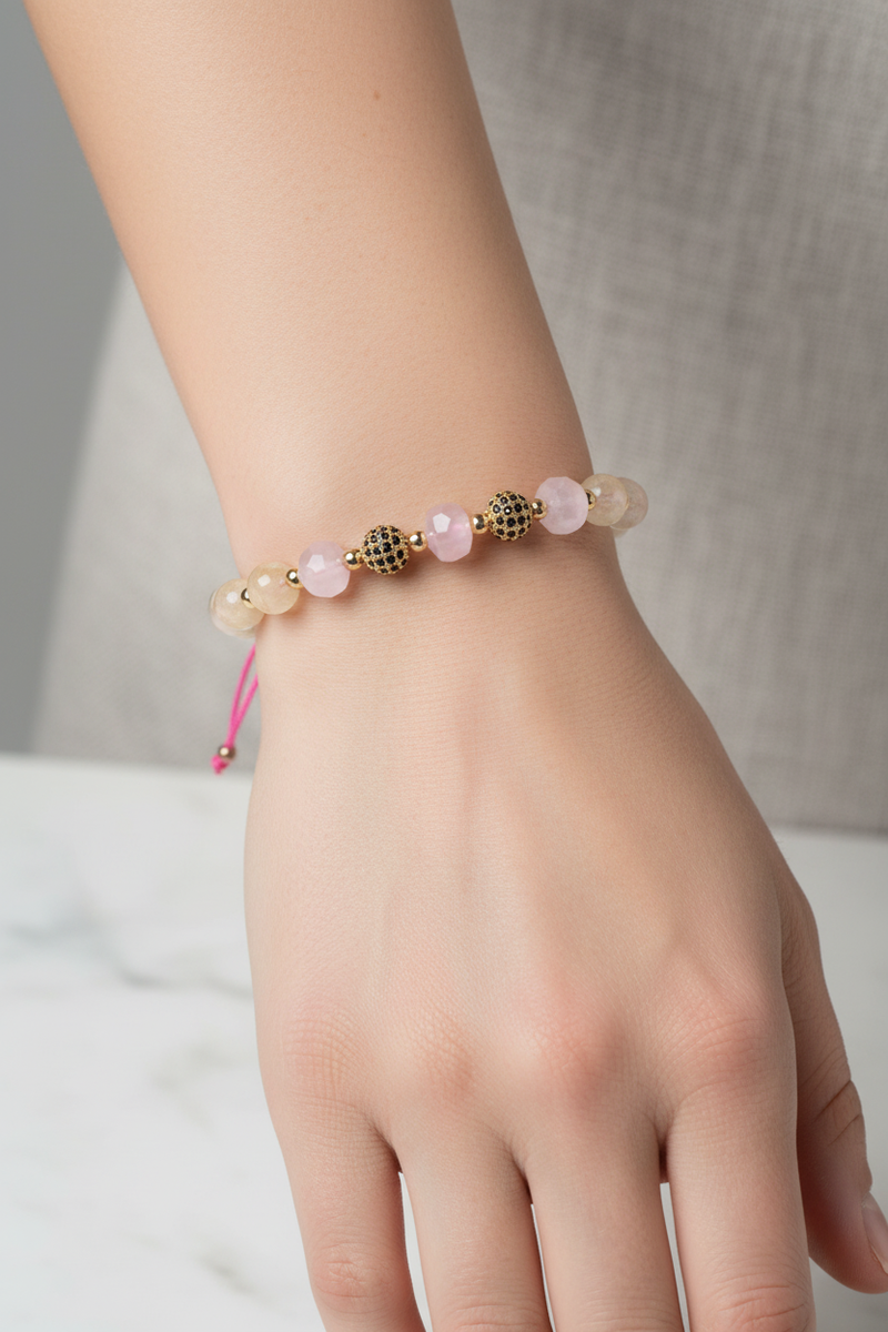 Sitrin ve Pembe Kuvars Doğal Taş Bileklik – Zirkon Aparatlı, Unisex Şık Tasarım - Görsel 1 - Safnaturel