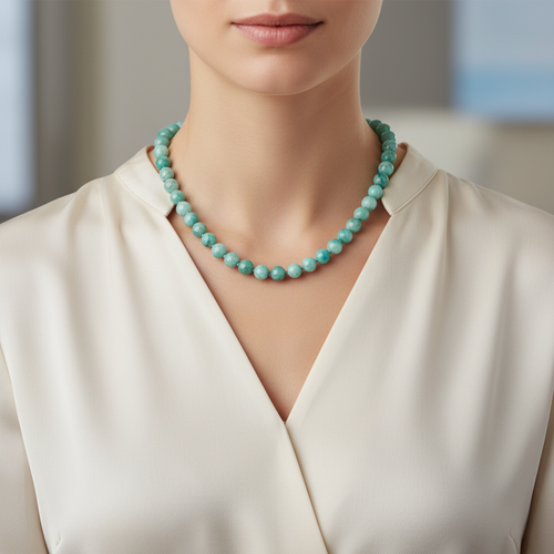 Amazonit 8 mm Düğümlü Doğal Taş Kolye