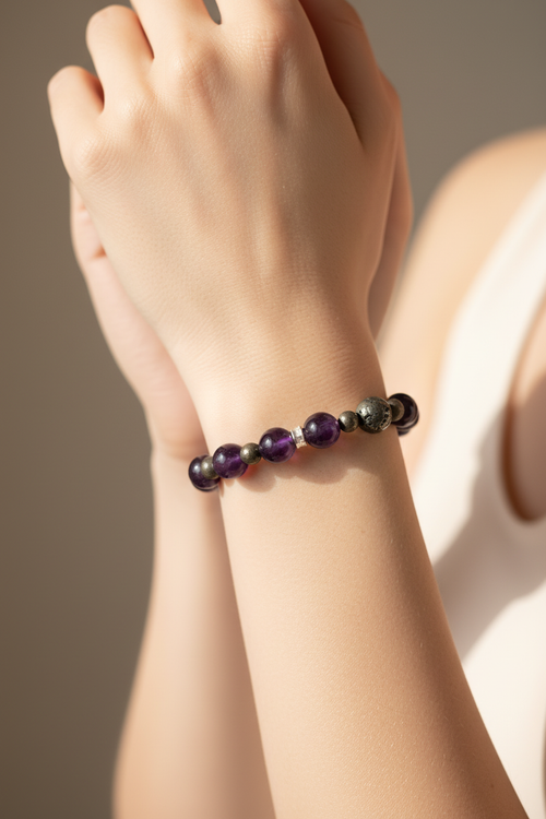 Ametist (10 mm) & Pirit (6 mm) Doğal Taş Gümüş Aparatlı Bileklik