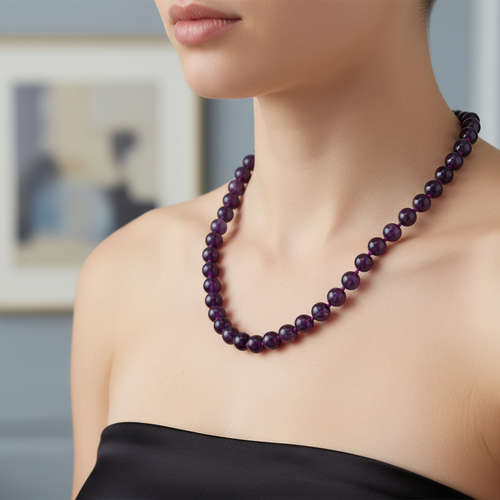 Ametist 8 mm Düğümlü Doğal Taş Kolye