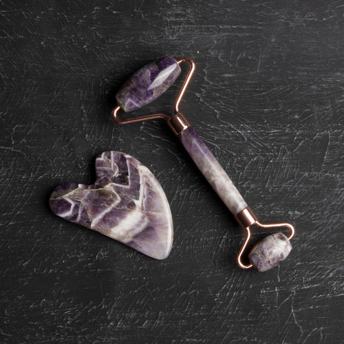 Ametist Taşı Masaj Takımı - Roller ve Gua Sha Kaz Ayaklı Set