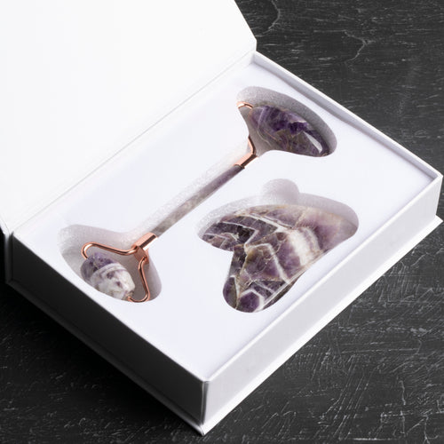 Ametist Taşı Masaj Takımı - Roller ve Gua Sha Kaz Ayaklı Set