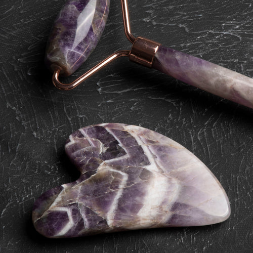 Ametist Taşı Masaj Takımı - Roller ve Gua Sha Kaz Ayaklı Set