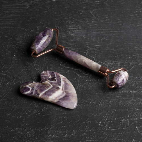 Ametist Taşı Masaj Takımı - Roller ve Gua Sha Kaz Ayaklı Set