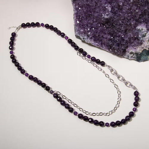 Ametist Doğal Taş Gümüş Zincir Kolye