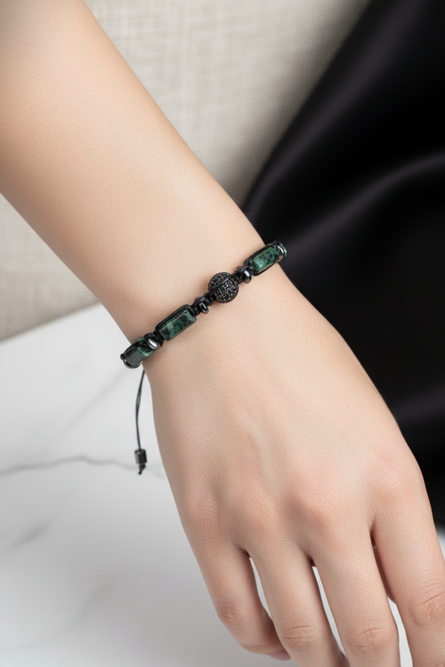 Anyolit - Hematit Doğal Taş Zirkon Aparatlı Makrome Bileklik